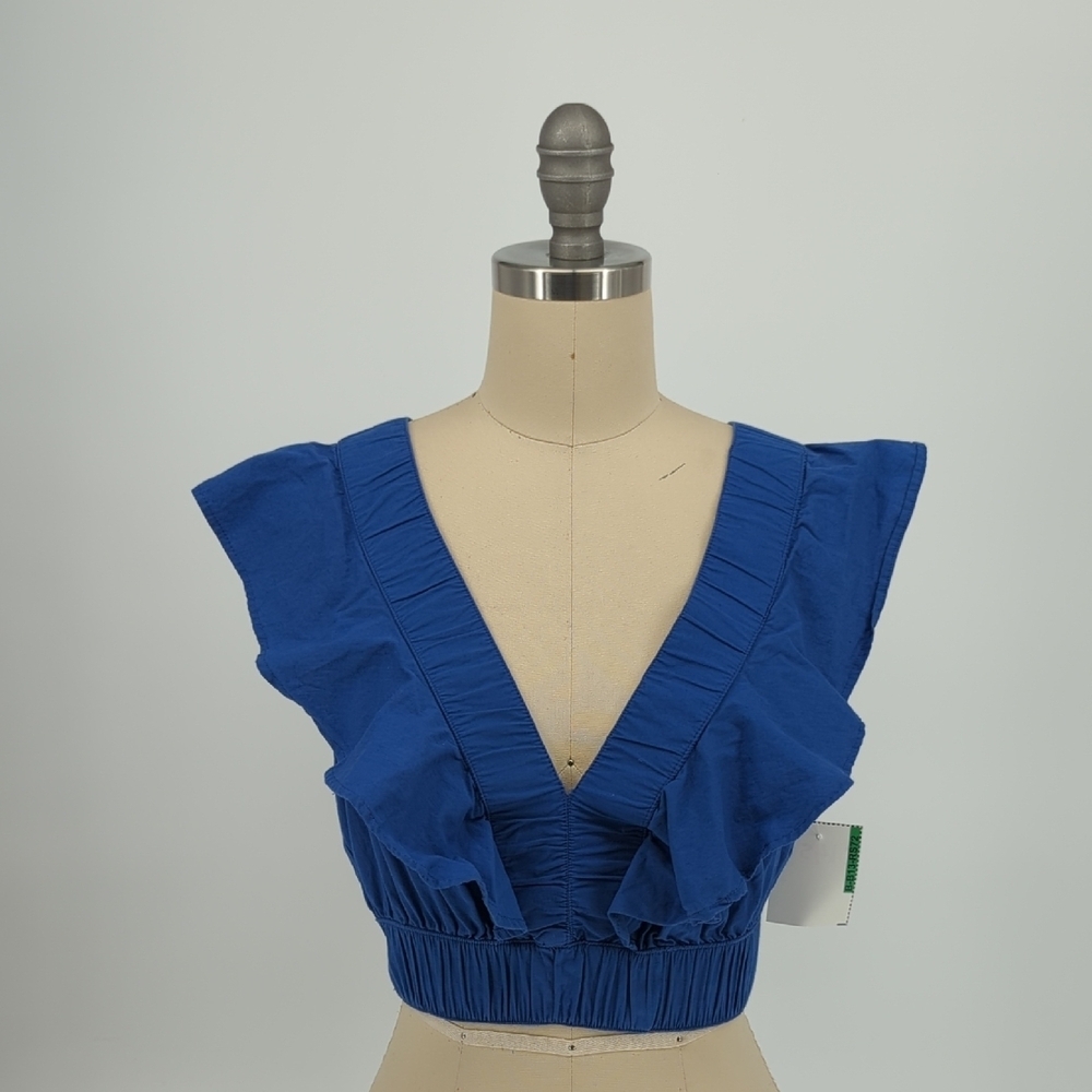 01451 Japna Ruffle V Neck Cropped Top Blue Size Medium bohemian cottagecore